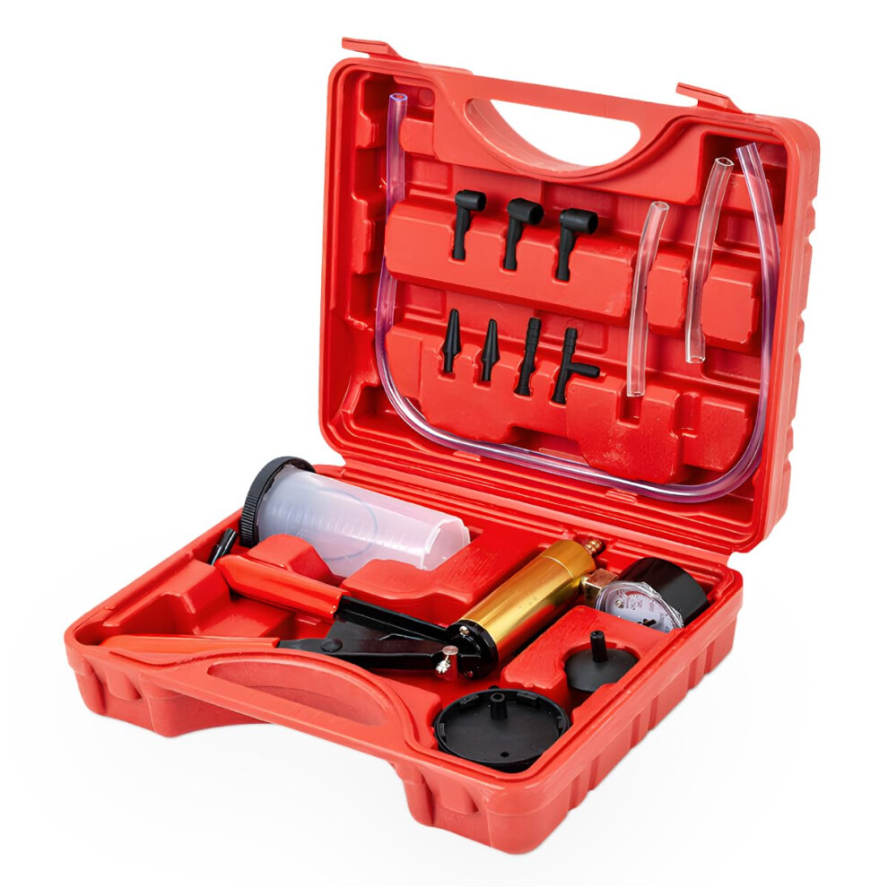 2 In 1 Brake Bleeder Kit With Handheld Vacuum Pump And Gauge For Automotive Brake And Clutch Systems Red 9113335619944