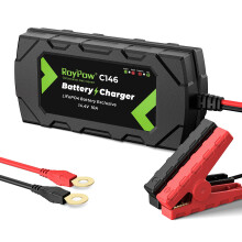 RoyPow LiFePO4 Battery Charger 14.4V 10A Automatic Trickle Battery Charger Maintainer for 12V LiFePO4 Lithium Battery with Alligator Clamp and Ring T