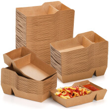 SOUJOY 100 Pack Food Serving Tray, 2 Compartment Disposable Kraft Nacho Boat Tray, Grease Resistant Heavy Duty Paperboard, Take Out Fast Food Snack H