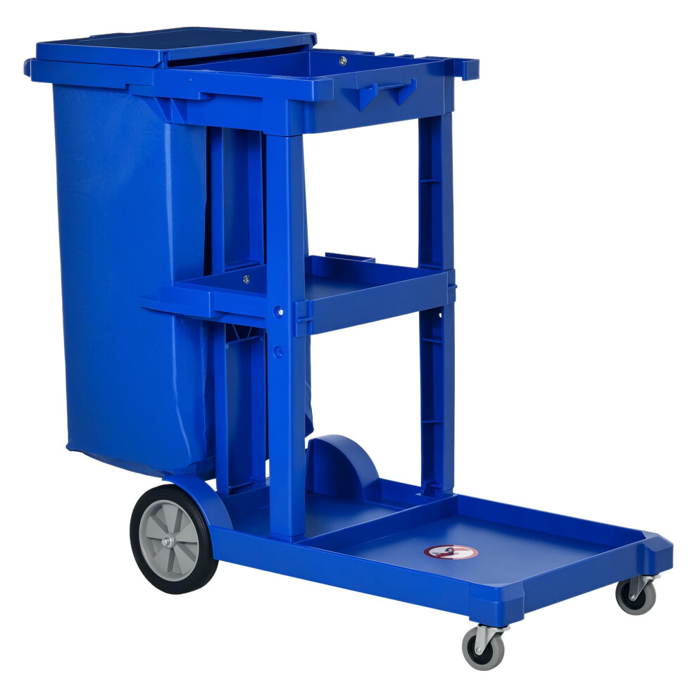 Homcom Cleaning Carts On Wheels, Janitorial Trolley With 3 Tier Shelves, Housekeeping Utility Service Unit With Rubbish Bag And Mop Mount For Hotel,