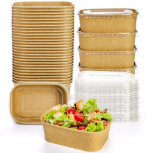 Yesland 50 Pack Compostable Take Out Food Containers with PP Lid, 25 Oz /740ml to Go Containers Rectangular Disposable Kraft Paper Bowls, Meal Prep F