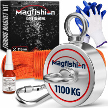 MAGFISHION Magnet Fishing Kit - 1100 KG (2 x 550kg) - Ø116mm - Super Strong Neodymium Magnet with Rope (20M), Carabiner, Gloves, Threadlocker - Magne