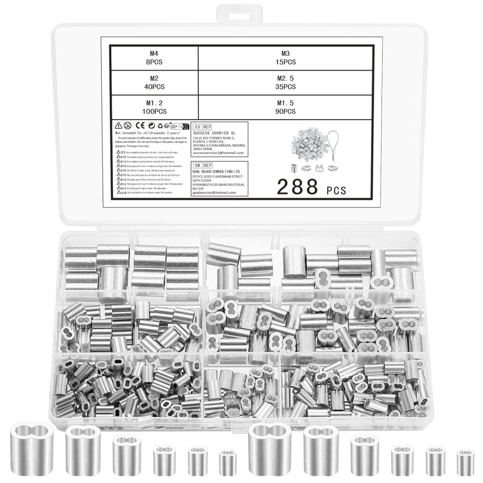 Tenbrachian 288 Wire Rope Crimp Sleeves, Aluminum Crimping Loop Sleeves, Wire Rope Crimping Sleeves, Double Ferrule Wire Clamp Fittings, Cable Crimps 94042481