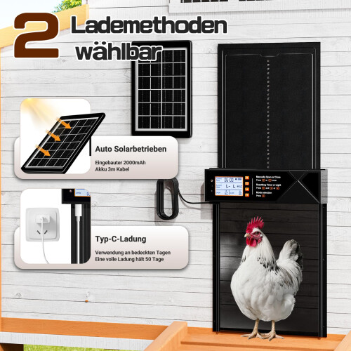 Extra Large Solar Automatic Chicken Coop Door, Solar Powered & USB Charging, Auto-Chicken Door with Timer & Light Sensor,Remote Control, LED Display, 2