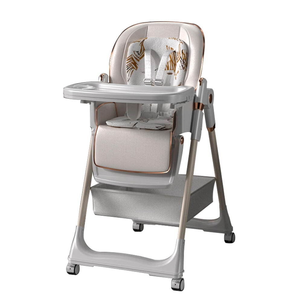 Adjustable Baby Chair With Wheels, Easy Clean Pu Leather Feeding Chair With 5Point Harness, Foldable Highchair For Toddlers White