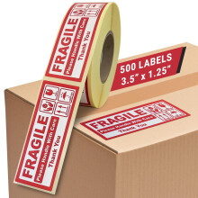 Fragile Stickers for Packing Boxes 1 Roll of 500 Fragile Sticker 32x92mm (1.25x3.5 inches) - Parcel and Moving Stickers, Strong Adhesive Roll for Shi
