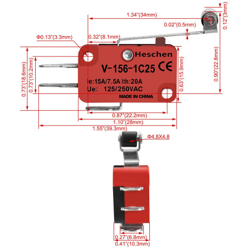 Heschen Micro Switch, V-156-1C25, 7.5A 250VAC, Ith 20A, SPDT, Long Roller Lever, 2 Pack 1