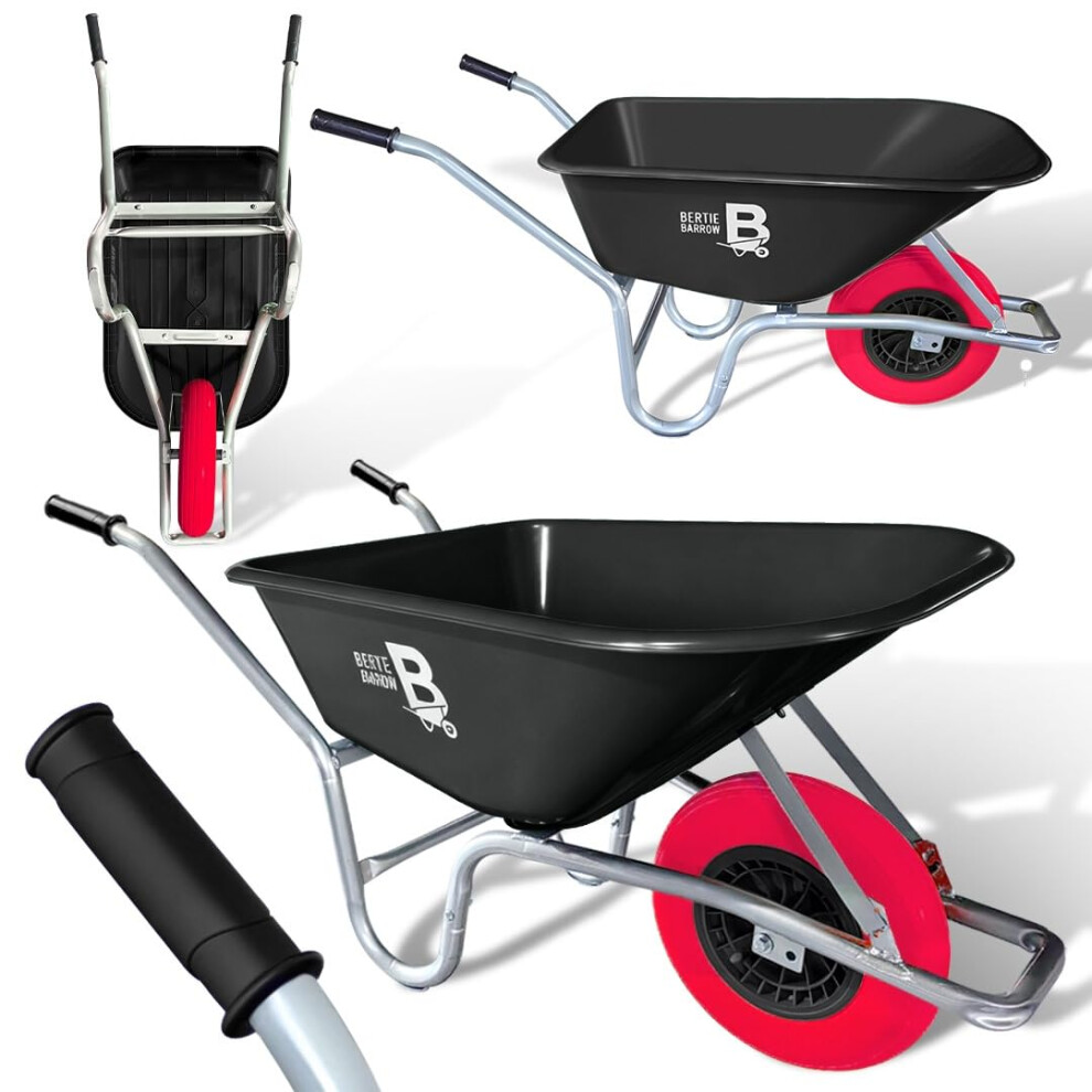 Equimed Bertie 110L Heavy Duty Garden & Builders Wheelbarrow | Puncture-Proof Solid Tyre | Black | Durable Polypropylene Tub |Garden, Soil, Gravel, M 75099725