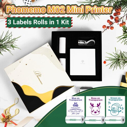 Phomemo M02 Mini Thermal Printer with 3 Rolls Refill,Wireless Bluetooth Inkless Pocket Printer,Sticker Printer for iphone And Android,Portable Sticke 1