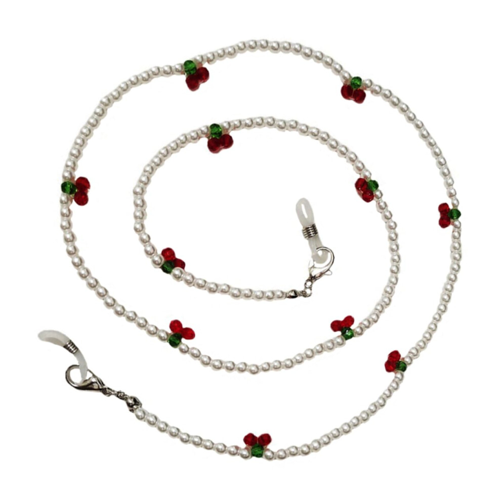 Red Eyeglass Strap And Mask Lanyard With Cherry Beads, Antiloss Lightweight Holder For Adults, Pearl