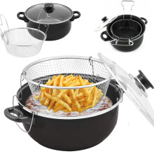HOMIVIO 24cm Non Stick Chip Pan Deep Fat Fryer Pot with Basket & Glass Lid - Deep Frying Pan for Chips, Fish, Chicken & Vegetables Carbon Steel Fryer