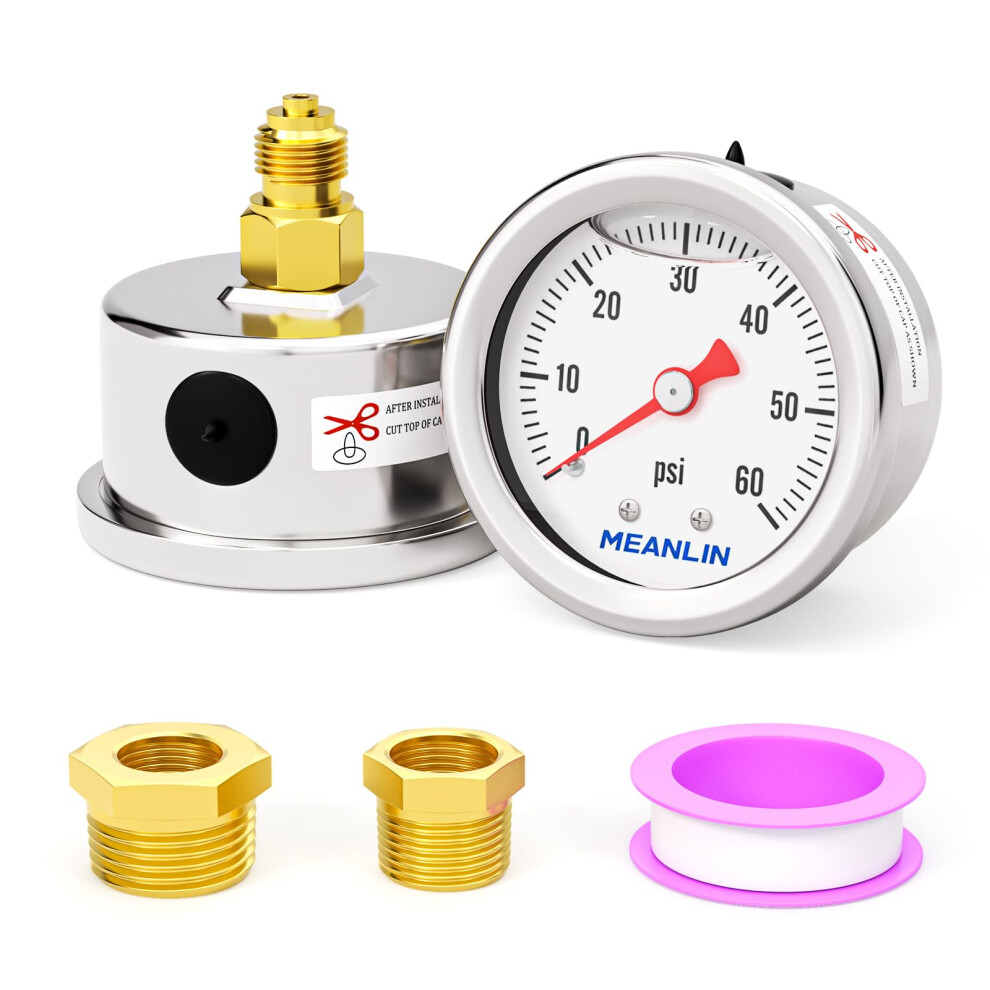 Meanlin Measure 0~60Psi/0-4Bar Glycerin Filled Pressure Gauge, Stainless Steel 1/8" Bsp 1.5" Face Dial, Liquid Filled, Water Oil Air, Back Mount, Wit 37102074
