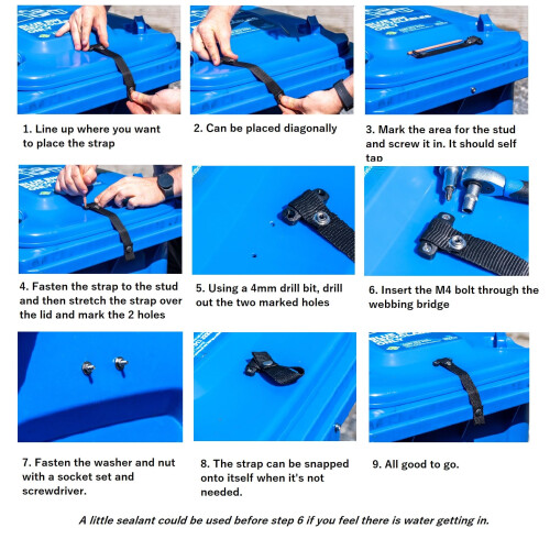 3pcs Wheelie bin lid lock strap with webbing bridge for strong winds easy fitting - No rust - No dangerous hooks - WONT snap 2