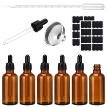saerryor Dropper Bottle, 6Pcs 50ml Amber Glass Bottles with Glass Pipette Refillable Leakproof with 1 Stainless Steel Funnel & 16 Labels Essential Oi