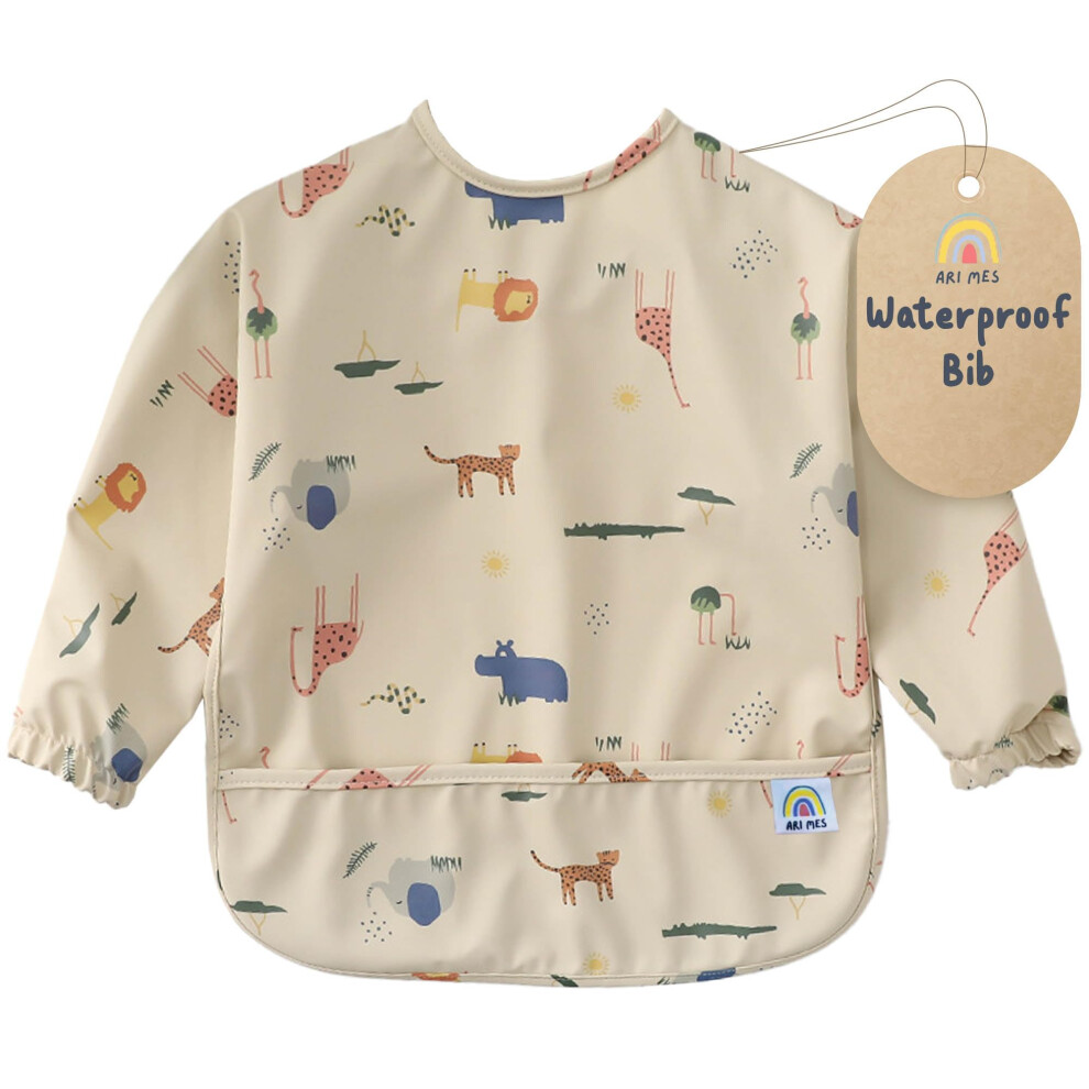 Waterproof Baby Bib with Long Sleeves and CatchAll Pocket, Full Coverage Feeding Smock for Toddlers