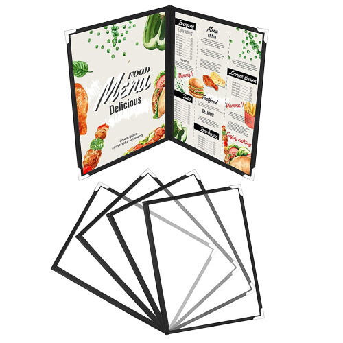 Belle Vous 5 Pack Double Fold A5 Menu Covers - 2 Fold Double View American Style Menu Holders - Black Foldable Clear Menu Covers with Corner Protecto