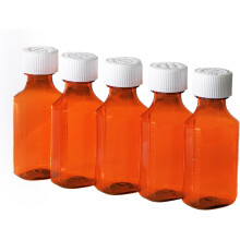 Plastic 4 oz Amber Liquid Medicine Bottles with Child Resistant Caps - 4 Ounces Capacity - Oval Pharmaceutical Prescription Dispensing Bottle with Sa
