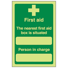 VSafety 31010AG-G "The Nearest First Aid Box Is Situated" First Aid General Sign, Glow In The Dark, 1 mm Plastic, Portrait, 100 mm x 150 mm, Green