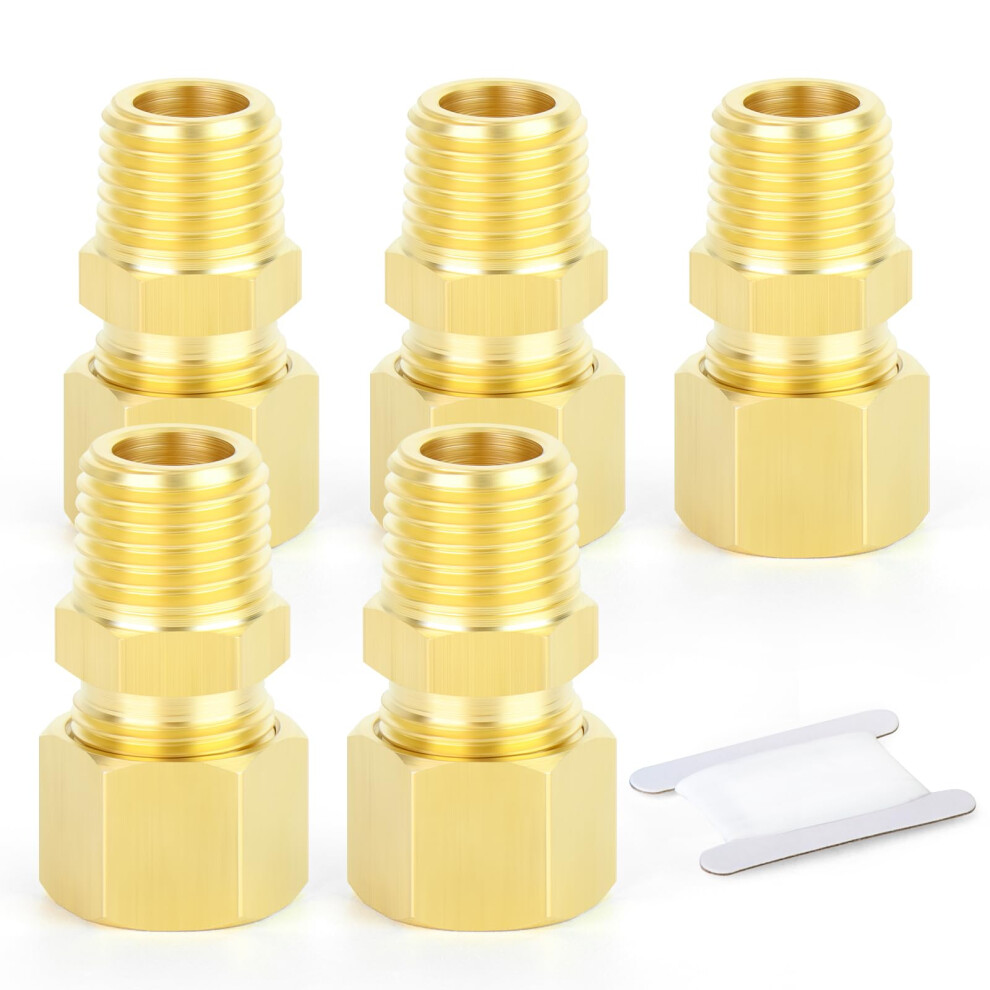 Gasher 5Pcs Brass Compression Tube Pipe Fitting Connector, 10Mm Tube Od X 1/4" Bsp Male Connector 44152802