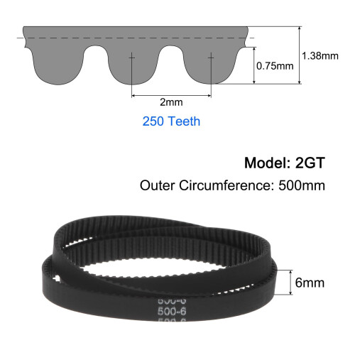 sourcing map 2pcs 2GT Timing Belt Closed Loop Rubber Belts 500-2GT-6, 6mm Width x 500mm Length 1