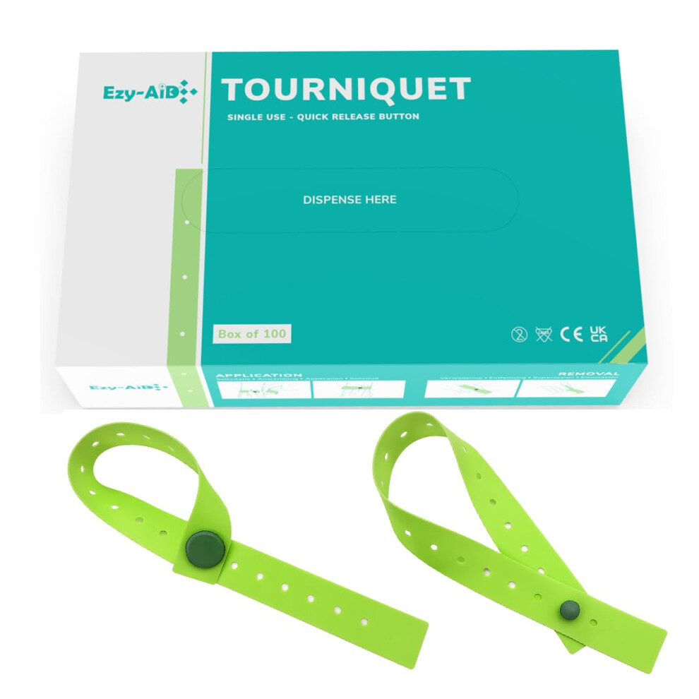 Ezy-Aid 100Pk Disposable Tourniquet With Button, Quick Release For Safe One Hand Removal, Smooth Material, Non-Toxic, Stretchable And Strong