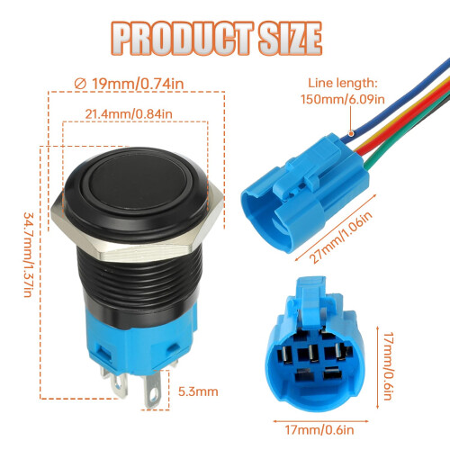 JAMHER 19MM 12V DC Self-Locking Push Button Switch 1NO1NC SPDT Switch with Ring LED Light Waterproof On Off Button Switch for 0.74" Mounting Hole wit 1