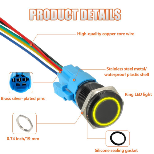 JAMHER 19MM 12V DC Self-Locking Push Button Switch 1NO1NC SPDT Switch with Ring LED Light Waterproof On Off Button Switch for 0.74" Mounting Hole wit 2
