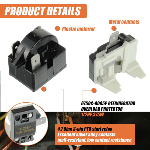 JAMHER 3 Pin 4.7 Ohm Starter Relay, Refrigerator Starter Relay and 1/2 HP Refrigerator Overload Protector, Compatible with Refrigerator Compressor 2