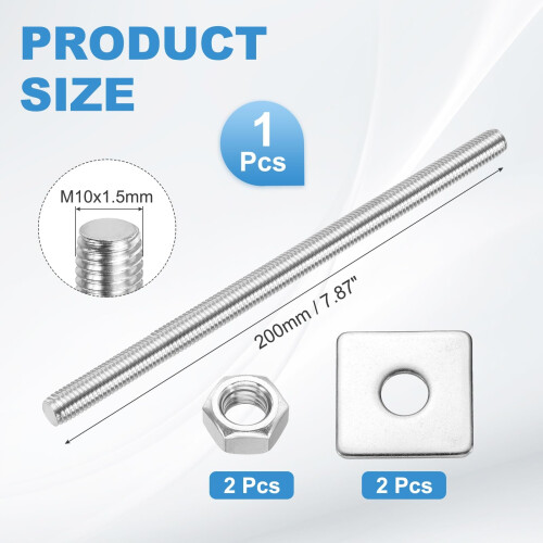 sourcing map 1Set M10x200mm Fully Threaded Rod, 304 Stainless Steel Threaded Rods Bar Studs Right Hand Threads with Nut Square Washer for Structural 1
