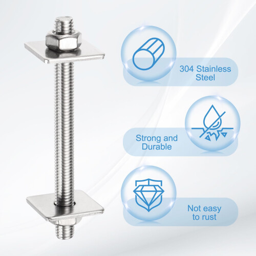 sourcing map 1Set M10x200mm Fully Threaded Rod, 304 Stainless Steel Threaded Rods Bar Studs Right Hand Threads with Nut Square Washer for Structural 2