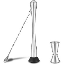 Duendhd Stainless Steel Muddler for Cocktails,Mixing Spoon and Measuring Jigger, Bar Tools,8-Inch Bar Muddler