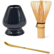 3 Piece Japanese Matcha Tea Set, Bamboo Whisk/Ceramic Matcha Stand Holder/Bamboo Spoon for Traditional Japanese Tea Ceremony or Daily Use (C)