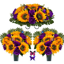 SUHOOKOO Cemetery Flowers Saddle and 2 Bouquets for Grave Decor, Silk Sunflower Rose Headstone Flower Saddle, Bright and Colorfast,Purple/Yellow