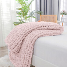 Bigacogo Chunky Knit Blanket Throw 40"x60", 100% Hand Knitted Chenille Throw Blanket, Soft Thick Yarn Cable Knit Blanket, Cute Rope Knot Crochet Thro