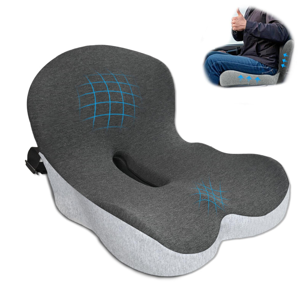 Memory Foam Seat Cushion With Lumbar Support For Sciatica Relief, Ergonomic For Office, Car, Wheelchair And Black/Grey 9113335621091