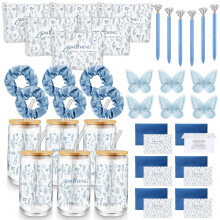 Yetene 48 Pcs Something Blue Wedding Proposal Gift Bulk for Bridesmaid Mom Bride to Be 16 Oz Glass Cup Makeup Bag Hair Scrunchies Butterfly Hair Clip