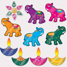 Beistle S53676AZ1 Foil Cardstock Paper Diwali Cut Outs 10 Piece Decorative Elephant and Lights Wall Party Supplies, 11.5", Multicolored