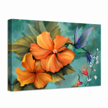 LevvArts Burn Orange and Teal Wall Art Decor Hummingbird Painting Prints Hawaii Hibiscus Flower Canvas Picture Vintage Living Room Bedroom Decoration