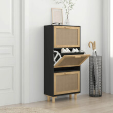 ZEYUAN Scandinavian Shoe Cabinet Black, 52x25x115 cm, Engineered Wood & Rattan, 3 Drawers, Under Stairs Shoe Storage