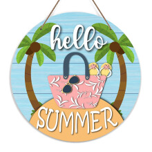 Hello Summer Welcome Door Sign, Beach Decor Wooden Sign Round Decorative Wall Plaque, Rustic Summer Welcome Sign for Front Door, Farmhouse Porch Yard