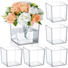 Tioncy 6 Pieces 6 x 6 Acrylic Square Vases for Centerpieces Clear Plastic Vase Cube Flower Vase Bulk for Wedding Centerpieces Home Office Floral Plan