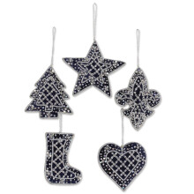 NOVICA Artisan Handmade Beaded Ornaments Set of Five Christmas by Indian Artisans Silver Tone Blue Holiday Decor Heart Star Leaf Tree [largest Piece