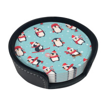 Winter Christmas Penguins Coaster,6 Pcs Leather Coasters, for Drinks Absorbent with Storage Box