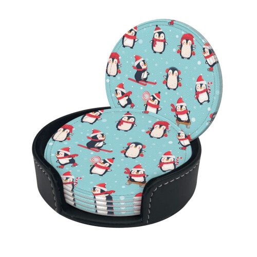 Winter Christmas Penguins Coaster,6 Pcs Leather Coasters, for Drinks Absorbent with Storage Box 1