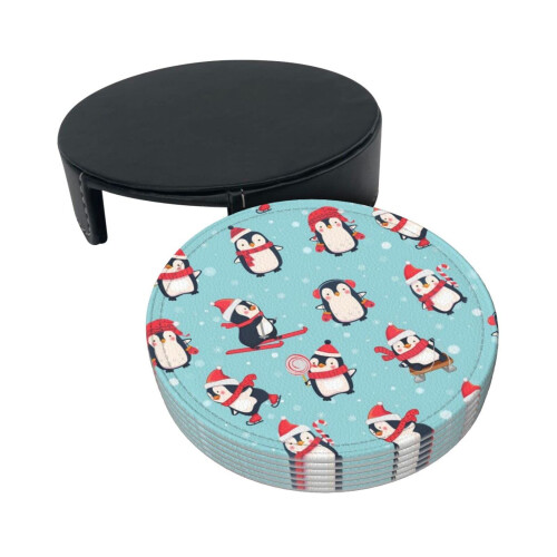 Winter Christmas Penguins Coaster,6 Pcs Leather Coasters, for Drinks Absorbent with Storage Box 2