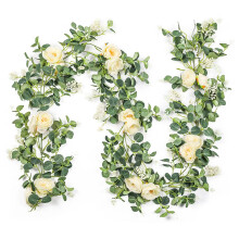 iFutniew 2 Pack Eucalyptus Garland with Champagne Rose, Greenery Garland Bulk Artificial Silk Floral Eucalyptus Leaves Vines(A)