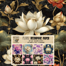 Decoupage Paper Pack (24 Sheets 6"x6") Golden Lotus: Grand Lotus Blooms in Ivory and Gold on Rich Deep Blue for a Regal Touch # Vintage Styled Paper