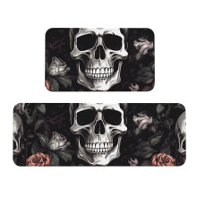 JTKREZ Black Floral Halloween Skull Printed Home Kitchen Mats Set of 2, Non Slip Absorbent Floor Mat and Rugs for Holiday Party Home Kitchen Office