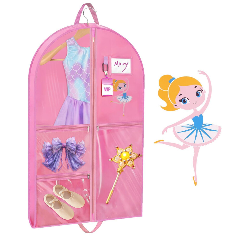 Kids Garment Bag for Dance Costumes, Pink Waterproof Hanging Garment Bag with Pockets, Soft PE Fabric Clothes Bag for School, Wardrobe Storage, and T-image-OPC-PRBN2MR-NEW
