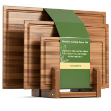 Maxboro Bamboo Cutting Board Set with Stand, 3PCS Double-Sided Chopping Boards for Kitchen Meal Prep & Serving, Charcuterie, Juice Grooves & Side Han